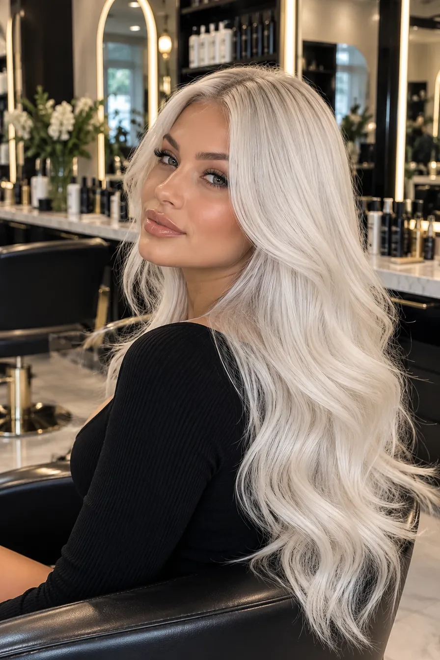 Client with long, glossy platinum-blonde waves seated in the salon chair