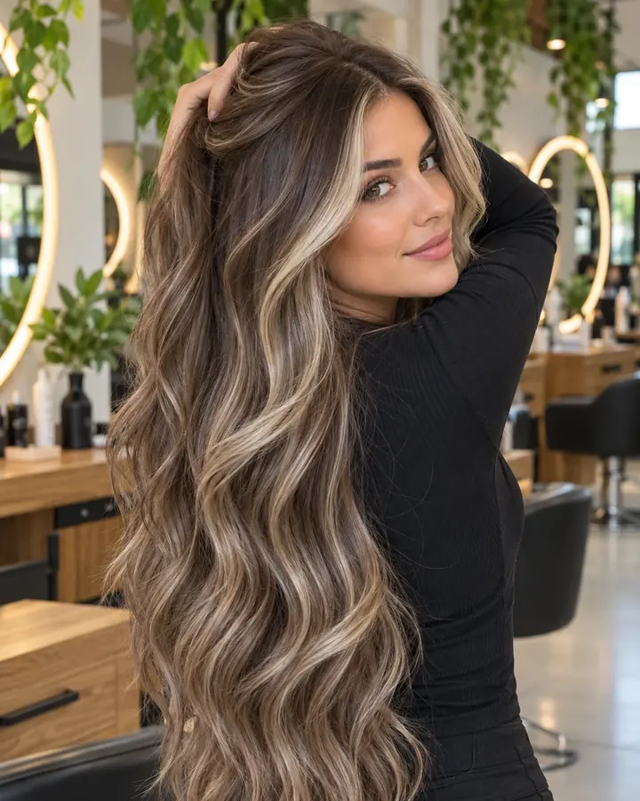 Long, voluminous brunette waves with bright ash-blonde ribbon highlights