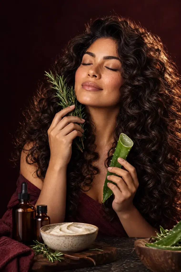 Woman with voluminous curls among rosemary, aloe, amber bottles and a hair mask